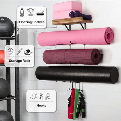 2 PACK Yoga Mat Holder Wall Mount Yoga Mat Storage Shelf Rack Home Gym Accessories with Wood Floating Shelves and 4 Hooks for Hanging Foam Roller and Resistance Bands Home Gym Carbonized Black