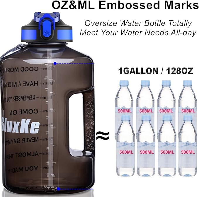 1 Gallon Motivational Sports Water Bottle with Time Marker, BPA Free 128oz Leak Proof Jug, Black, Plastic, 128 ounces, Fitness, Sports, Outdoor Activities