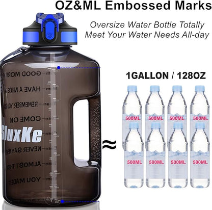 1 Gallon Motivational Sports Water Bottle with Time Marker, BPA Free 128oz Leak Proof Jug, Black, Plastic, 128 ounces, Fitness, Sports, Outdoor Activities