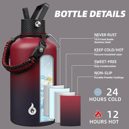 BJPKPK Half Gallon Insulated Water Bottles with 3 Lids and Paracord Handle, 50oz, 64oz, 87oz, 128oz Large, Stainless Steel Water Bottles with Straw Lid, Half Gallon Water Jug,Charming Red