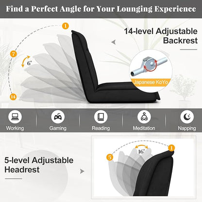 COSTWAY Folding Floor Chair, Convertible Lazy Sofa with 14-Poistion Adjustable Backrest, 5-Position Adjustable Headrest, Cushioned Floor Gaming Chair for Adults, Reading, Meditating (Black)