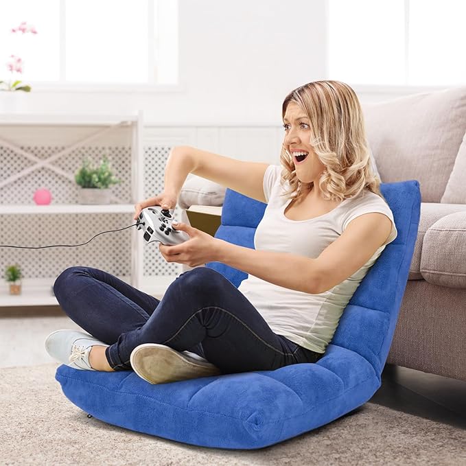 RELAX4LIFE Floor Chair with Back Support - 14-Position Adjustable Lazy Sofa Chairs, Padded Sleeper Bed & Couch Recliner for Reading Meditation, Folding Floor Gaming Chair for Adults (Blue)