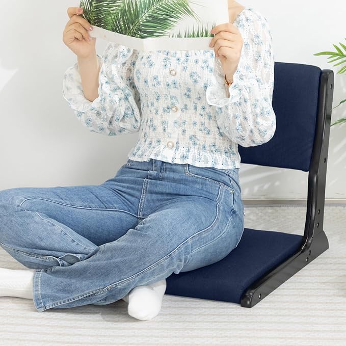 HollyHOME Foldable Tatami Chair, Upholstered Japanese Style Floor Chair, Wood Legless Back Rest Chair with Cushion, Accent Meditation Floor Seat for Bay Window, Living Room, Bedroom, Dark Blue