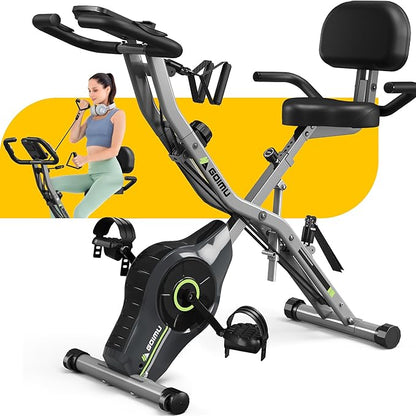 Exercise Bike, 5 in 1 Foldable Stationary Bike for Seniors, 16-Level Adjustable Magentic Resistance, Indoor Workout Bike with 330LB Capacity, Comfortable Seat Backrest X-bike