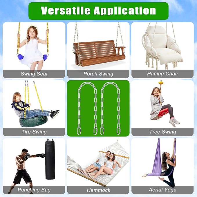 SELEWARE 2 Pcs 100" Hanging Swing Chain with 4 Carabiners, 1000LB Capacity Plastic Coated Hanging Chains, Hammock Hardware Kit for Swing, Hanging Chair, Punching Bags, Indoor Outdoor Gym (White)