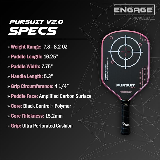 Engage Pursuit V2.0 Pickleball Paddle - Amplified Carbon Surface for Superior Control & Spin with Response+ Polymer Core, USAPA Approved - Designed for Players of Any Skill Level