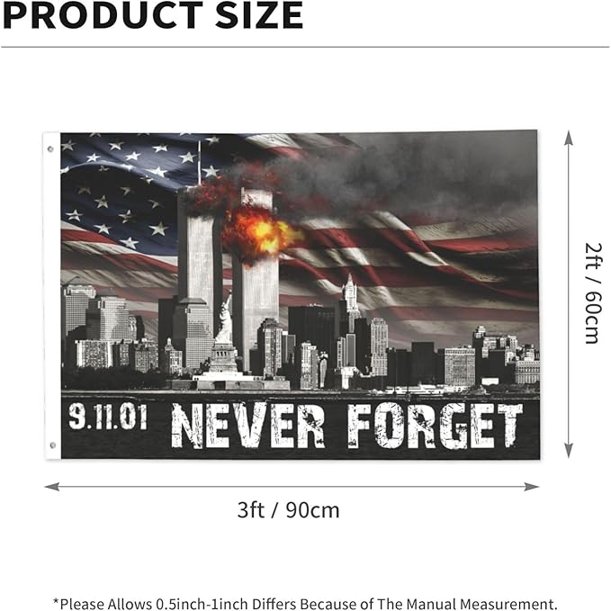 911 Never Forget Memorial Flag 2x3 Ft - Tribute to 9/11 Heroes, Double-Sided Outdoor Yard Flag, All-Weather Polyester, Garden & Home Decor (Indoor/Outdoor)