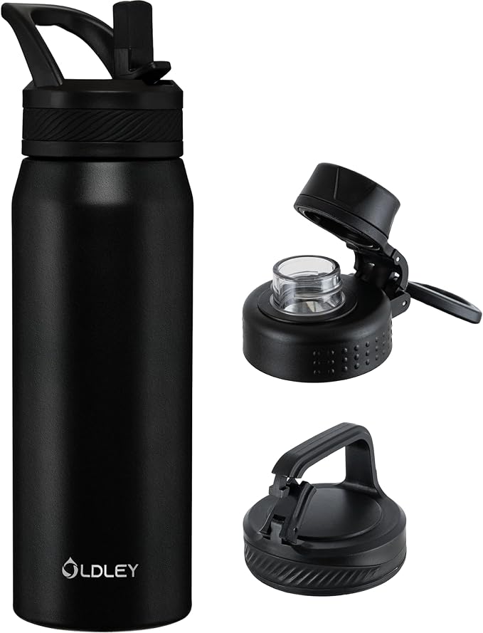 OLDLEY 24 oz Insulated Water Bottle With Straw, Stainless Steel Sports Water Cup Flask with 3 Lids(Straw, Spout and Handle Lid) Double Walled Travel Thermal Canteen Mug,Black