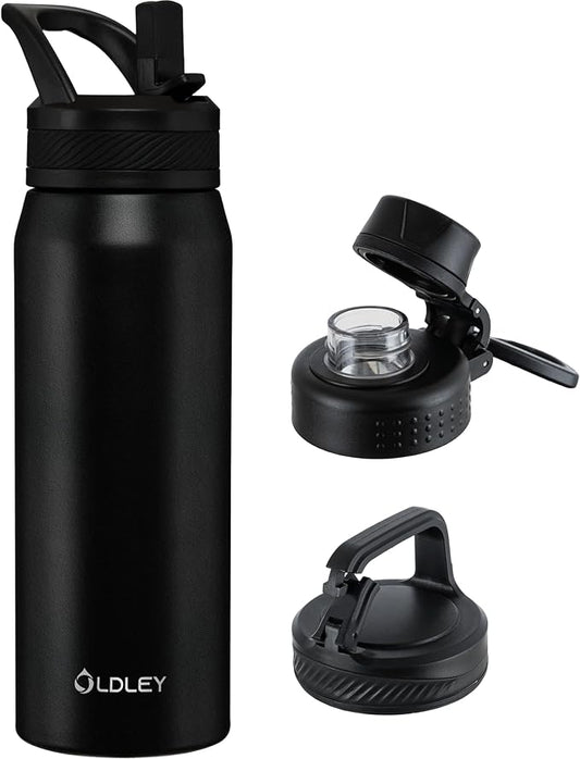 OLDLEY 24 oz Insulated Water Bottle With Straw, Stainless Steel Sports Water Cup Flask with 3 Lids(Straw, Spout and Handle Lid) Double Walled Travel Thermal Canteen Mug,Black