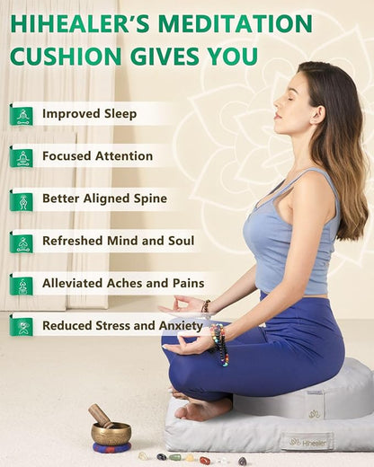 Hihealer Meditation Cushion Set Large Cotton Floor Pillow & Traditional Tibetan Yoga Bolster for Adults Zafu Meditation Mat with Buckwheat Filling (Pure White)