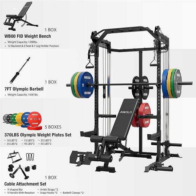 Mikolo Power Cage, 2000LB Power Rack with Independent Dual Pulley System, Multi-Function Home Gym Workout Machine for Cable Crossover