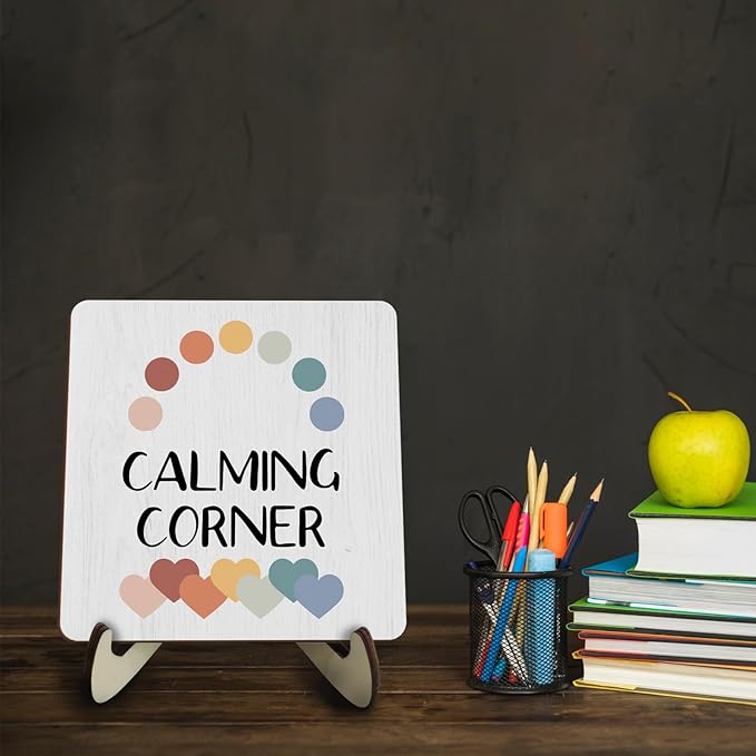 Decorative Desk Decor Motivational Calming Corner Affirmations Counselor Office Decor Plaque with Wooden Stand Inspirational Wood Sign for Homeschool Classroom Reading Calm Corner Table Bookshelf