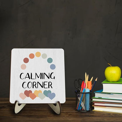 Decorative Desk Decor Motivational Calming Corner Affirmations Counselor Office Decor Plaque with Wooden Stand Inspirational Wood Sign for Homeschool Classroom Reading Calm Corner Table Bookshelf