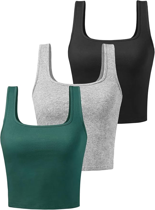 Porvike Sports Crop Tank Tops for Women Cropped Workout Tops Racerback Running Yoga Tanks Cotton Sleeveless Gym Shirts 3 Pack