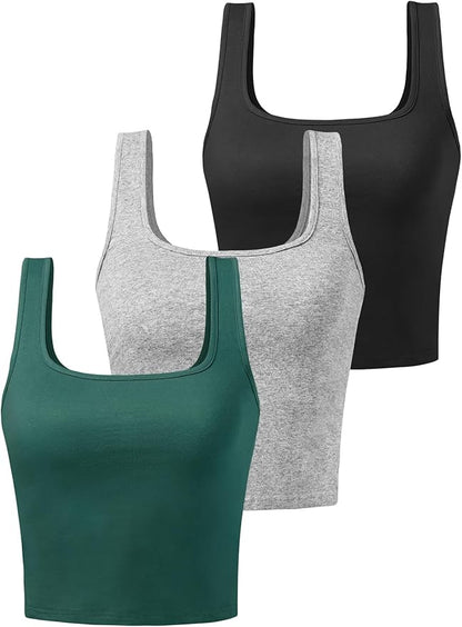 Porvike Sports Crop Tank Tops for Women Cropped Workout Tops Racerback Running Yoga Tanks Cotton Sleeveless Gym Shirts 3 Pack