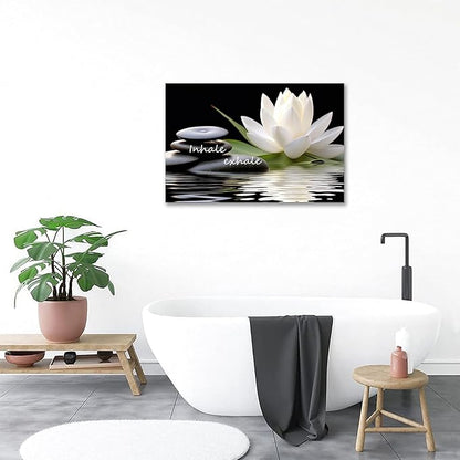 Zen Wall Art Inhale Exhale Canvas Prints Lotus Bloom in Water with Spa Stone Pictures for Zen Office Wall Decor Modern Spiritual Framed Artwork Poster (24 x 36inches)