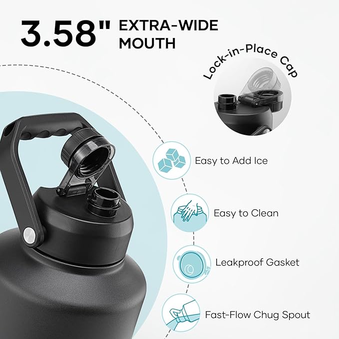 BUZIO One Gallon Water Bottle Insulated, (Cold for 48 Hrs) 128oz Water Jug Large Stainless Steel, 3.58in Big Wide Mouth Leak Proof Metal Flask with Carrying Sleeve for Camping,Gym, Travel, Black Gray