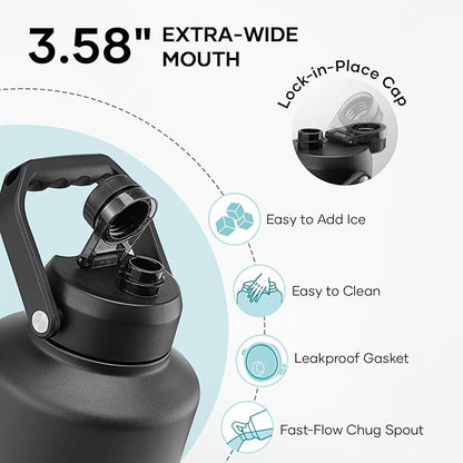 BUZIO One Gallon Water Bottle Insulated, (Cold for 48 Hrs) 128oz Water Jug Large Stainless Steel, 3.58in Big Wide Mouth Leak Proof Metal Flask with Carrying Sleeve for Camping,Gym, Travel, Black Gray