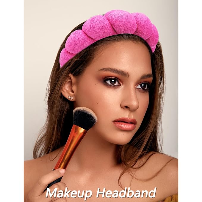 VELSCRUN Spa Headbands for Wash Face, Makeup Headband, Facial Skincare Headbands, 5 Pcs Hot Pink Puffy Sponge Spa Headband Bow Tie Hair Band Hair Clips Wristband Set Women Girls Accessories