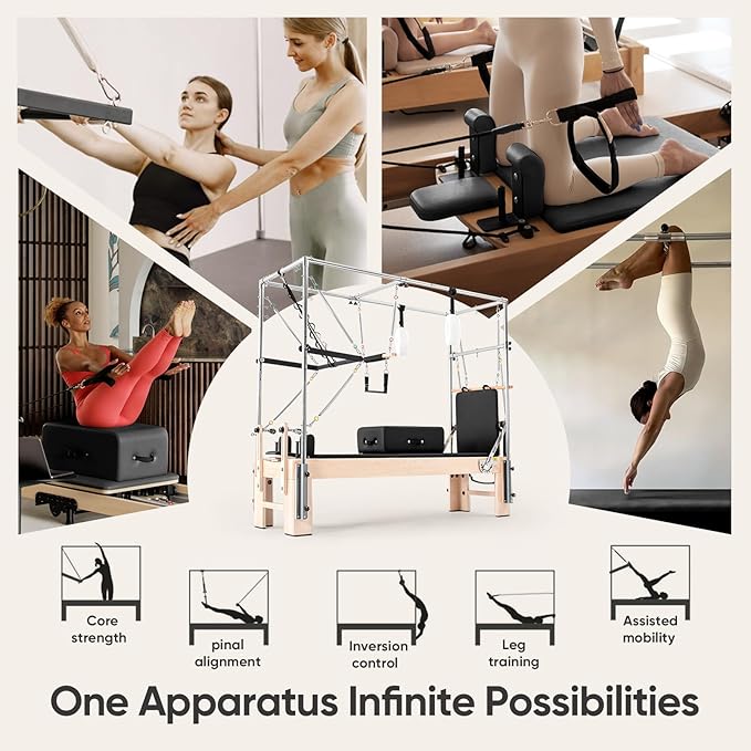 Pilates Reformer with Half Trapeze – Maple Wood Frame, Adjustable Resistance & Half Trapeze for Home Gym, Core Strength, Flexibility & Full-Body Workouts, Mocha