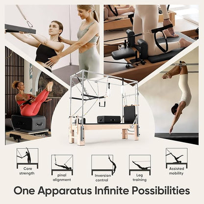 Pilates Reformer with Half Trapeze – Maple Wood Frame, Adjustable Resistance & Half Trapeze for Home Gym, Core Strength, Flexibility & Full-Body Workouts, Mocha