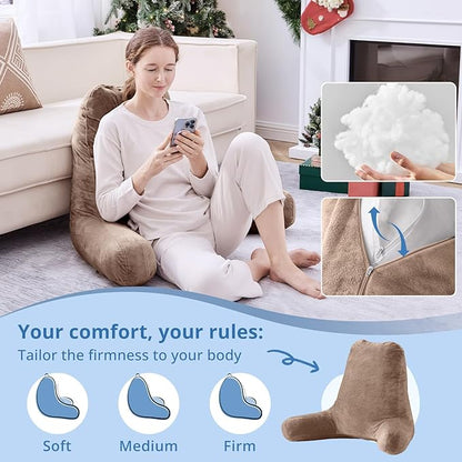 Sasttie 25-inch Reading Pillows for Sitting in Bed Adult, Jumbo Velvet Back Pillow Bed Sitting Up, XL High Back-Rest Support Cushion for Sit Up on Couch & Floor, Oeko-Tex Certified, Light Brown