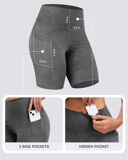 CHRLEISURE Womens Biker Yoga Shorts with Pockets: High Waisted Tummy Control Spandex Workout Athletic Gym Shorts 4 Packs