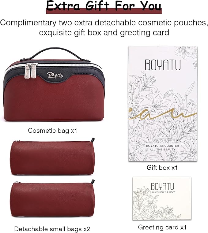 BOYATU Travel Makeup Bag Organizer Cosmetic Bag: 3 Pcs Set Make up Bags for Women with Handle - Waterproof Vegan Leather Toiletry Bags Travel Essentials Pouch with Compartments (G-05-Red)