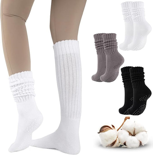 COOVAN Grip Pilates Socks for Women 3 Pairs Yoga Slouch Crew Long Scrunch Slipper Socks for Barre Ballet Dance Hospital