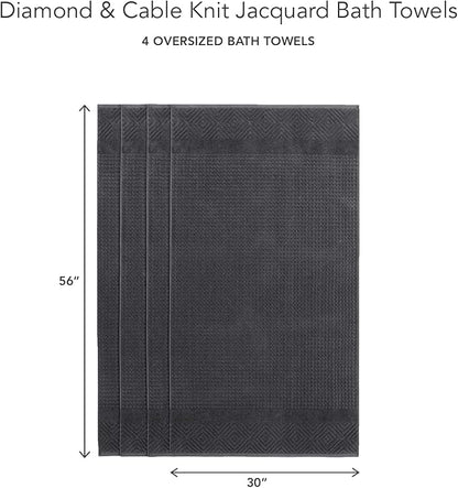 Texere 100% Organic Cotton Jacquard 650 GSM Premium Bath Towel Sets - Extra Absorbent Quick Dry Towel Wrap (Cable, Granite, 4 Bath Towels)
