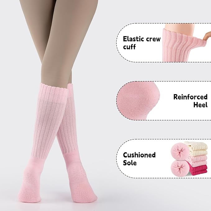 COOVAN Grip Pilates Socks for Women 3 Pairs Yoga Slouch Crew Long Scrunch Slipper Socks for Barre Ballet Dance Hospital