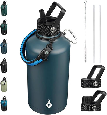 BJPKPK 2/3 Gallon Water Bottle with Straw Lid, 50oz, 64oz, 87oz, 128oz Large, Stainless Steel Water Bottles with 3 Lids and Paracord Handle, Double Wall Vacuum Metal Jug, Navy Blue