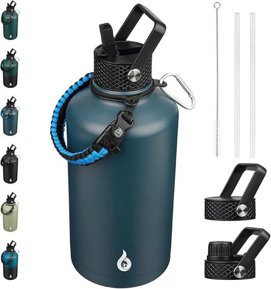 BJPKPK 2/3 Gallon Water Bottle with Straw Lid, 50oz, 64oz, 87oz, 128oz Large, Stainless Steel Water Bottles with 3 Lids and Paracord Handle, Double Wall Vacuum Metal Jug, Navy Blue
