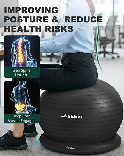 Trideer Exercise Yoga Ball Chair with Base for Home Office Desk, Stability & Fitness Ball Seat to Relieve Back Pain, Home Gym Workout for Abs, Pregnancy Ball with Pump