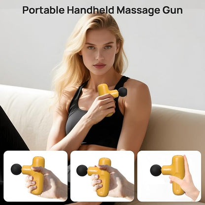 Super Mini Massage Gun Deep Tissue, Percussion Handheld Muscle Massager with 4 Heads, Travel Size Massage Gun for Back, Neck Pain Relief, Quiet for Home, Gym, Office, Gift for Men & Women, Yellow