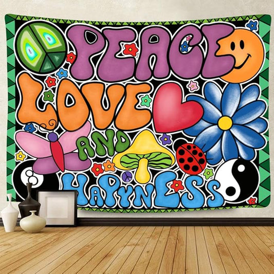 F-FUN SOUL Peace Love and Happiness Tapestry, 60x40inches Soft Flannel, 70s Theme Party Tapestries Hippie Aesthetic Tapestry Wall Hanging for Bedroom Living Room Decor GTZYFS915