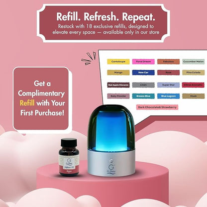 G's Breeze Smart Aroma Diffuser with 60ml Rose Scent Refill – Bluetooth & Wi-Fi App Control - LED Lighting, Adjustable Intensity - Long-Lasting Romantic Floral Fragrance for Home or Office