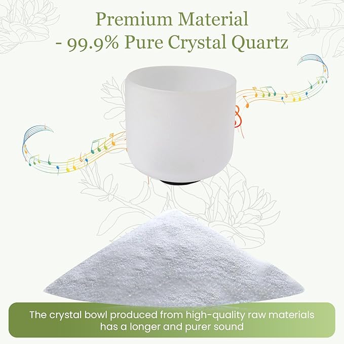 432HZ 7 Inchs Frosted Crystal Singing Bowl Set for Meditation Healing Yoga Chakra Quartz Crystal Sound Bowls with Heavy Duty Carry Case and Rubber Mallet,Suede Striker,O-rings