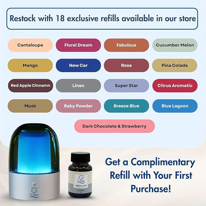 G's Breeze Smart Aroma Diffuser with 60ml Linen Scent Refill - Bluetooth & Wi-Fi App Control - LED Lighting & Adjustable Intensity - Long-Lasting Crisp Clean Cotton Fragrance for Home or Office