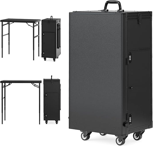 Icoget Rolling Manicure Table on Wheels, Portable Nail Desk, Foldable Nail Table w/Polish Tray and Storage, Traveling Nail Case w/Detachable Adjustable Height Workstation