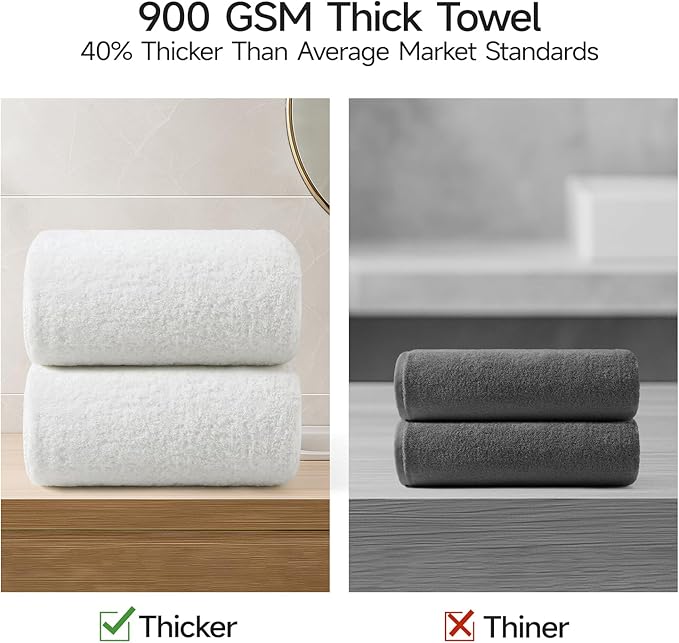 REDKISS Ultra-Plush Bath Towel Set - 900GSM Premium Thick Cotton for Bathroom & Spa, Super Absorbent Bath with No Shedding (2-Piece Bath Twoel Set for Adults, Luxury Hotel & Home Use)-White