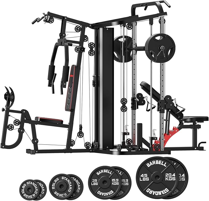 SunHome Multifunction Home Gym System Workout Station,Smith Machine with 138LB Weight Stack, Leg Press, LAT Station for Full Body Training