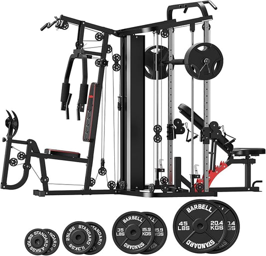 SunHome Multifunction Home Gym System Workout Station,Smith Machine with 138LB Weight Stack, Leg Press, LAT Station for Full Body Training