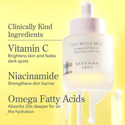 Beekman 1802 Oh Mega Milk Facial Oil - Hydrating Vitamin C & Niacinamide Serum - Repairs Skin Barrier & Reduces Dark Spots From Aging - Fragrance Free, Sensitive Skin Safe