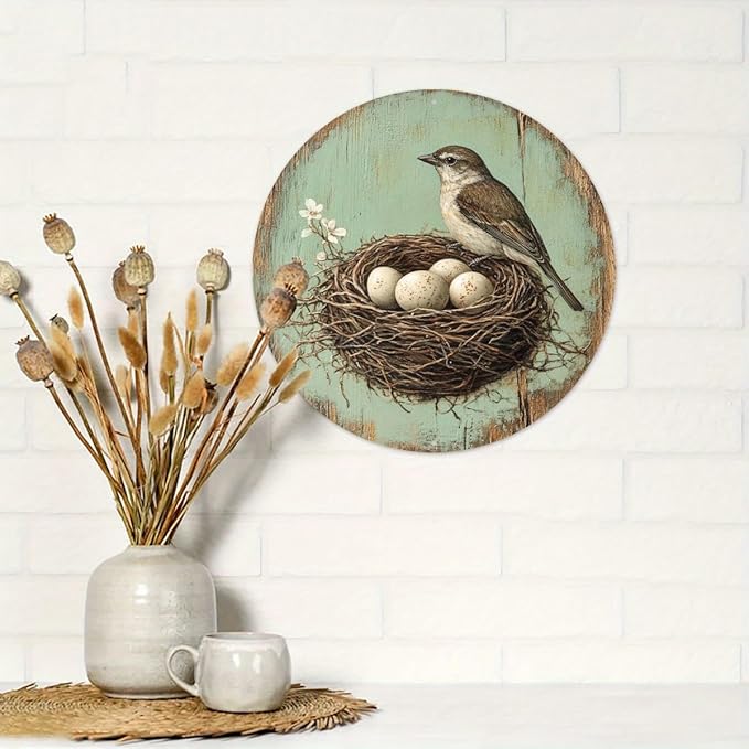 1pc Vintage Bird and Egg in Nest Round Aluminum Sign, 8x8 Inch Farmhouse Wall Decor with Pre-Drilled Holes, Durable Garden Yard Art for Home,Halloween & Christmas Gifts, Outside Decor