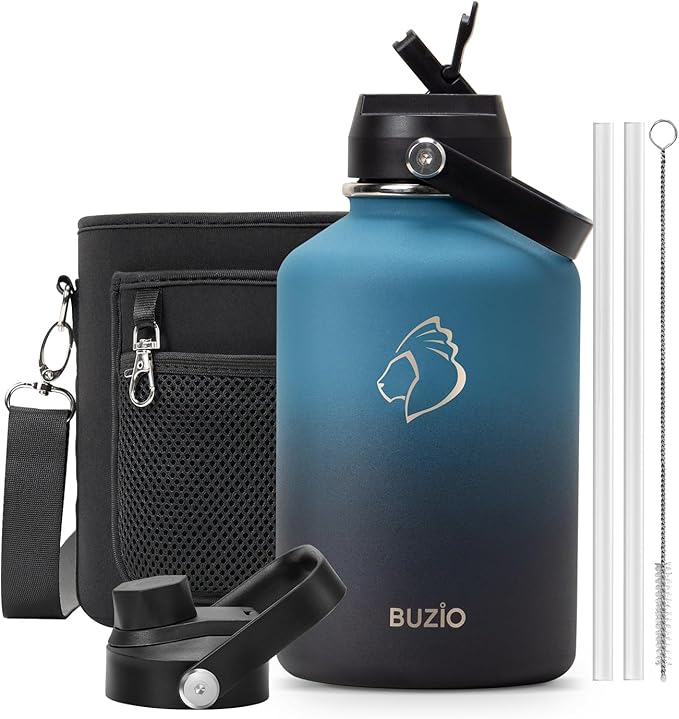 BUZIO 64 oz Insulated Water Bottle, Half Gallon Stainless Steel Water Jug with Straw Lid & Carrying Case, Keep Cold 48h Large Lead-Free Vacuum Metal Thermo Water Flask for sports Camp, Indigo Crush