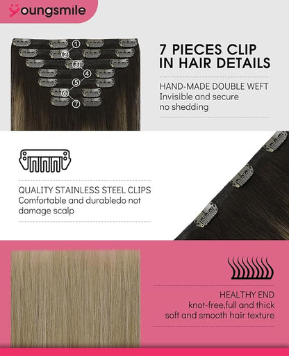 Youngsmile Clip in Hair Extensions Human Hair, Real Human Hair Extensions Clip in, Color 2 Darkest Brown Fading to 6 Chestnut Brown And 18 Ash Blonde,20 Inch 160 Gram 7 Pcs (7C#2/6/18-20Inch)