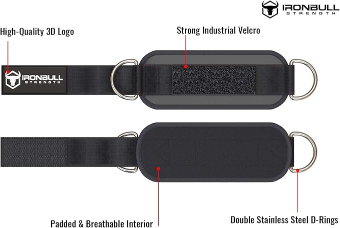 Iron Bull Strength Ankle Straps for Cable Machines (Pair) - Double D-Ring Attachment, Fully Adjustable, Breathable Comfort Neoprene - for Legs, Glutes, Abs and HIPS Workouts - Fits Women & Men