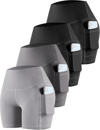 CHRLEISURE Womens Biker Yoga Shorts with Pockets: High Waisted Tummy Control Spandex Workout Athletic Gym Shorts 4 Packs