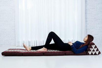 Leewadee Comfortable Japanese Floor Mattress - Thai Floor Bed with Triangle Cushion - Futon Mattress - XL Extra Long Thai Massage Mat, 89 x 20 inches, Brown Red, Kapok Filling
